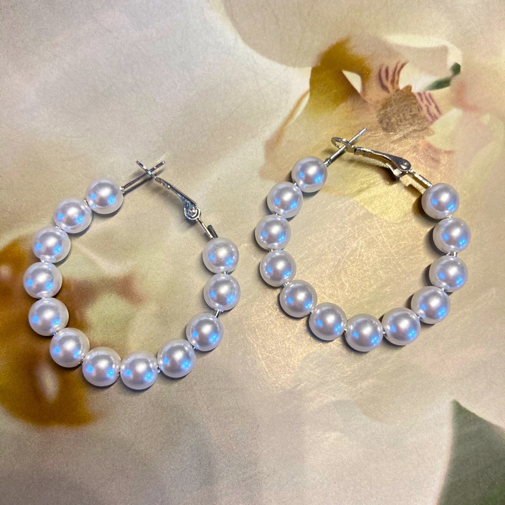Silver Tone Pearl Hoop Earrings - Picture 2 of 5